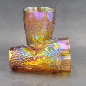 Colony Amber Carnival Glass Flat Bottom Cooler Glasses Grapes Leaves 5 3/4 Set 2